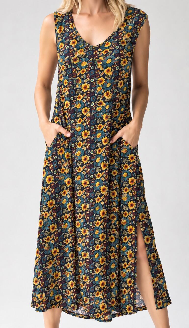 Natural Life Floral Midi Dress Boho Daisy Multicolor XS/Small Sundress Pockets